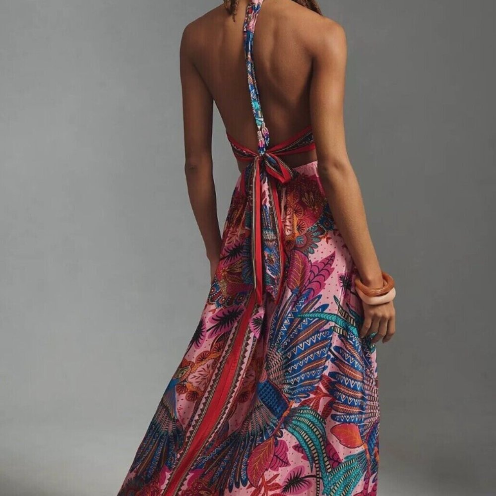 Farm Rio Anthropologie Macaw Scarf Cutout Maxi Sundress Dress XL NWT $290 - Picture 10 of 16